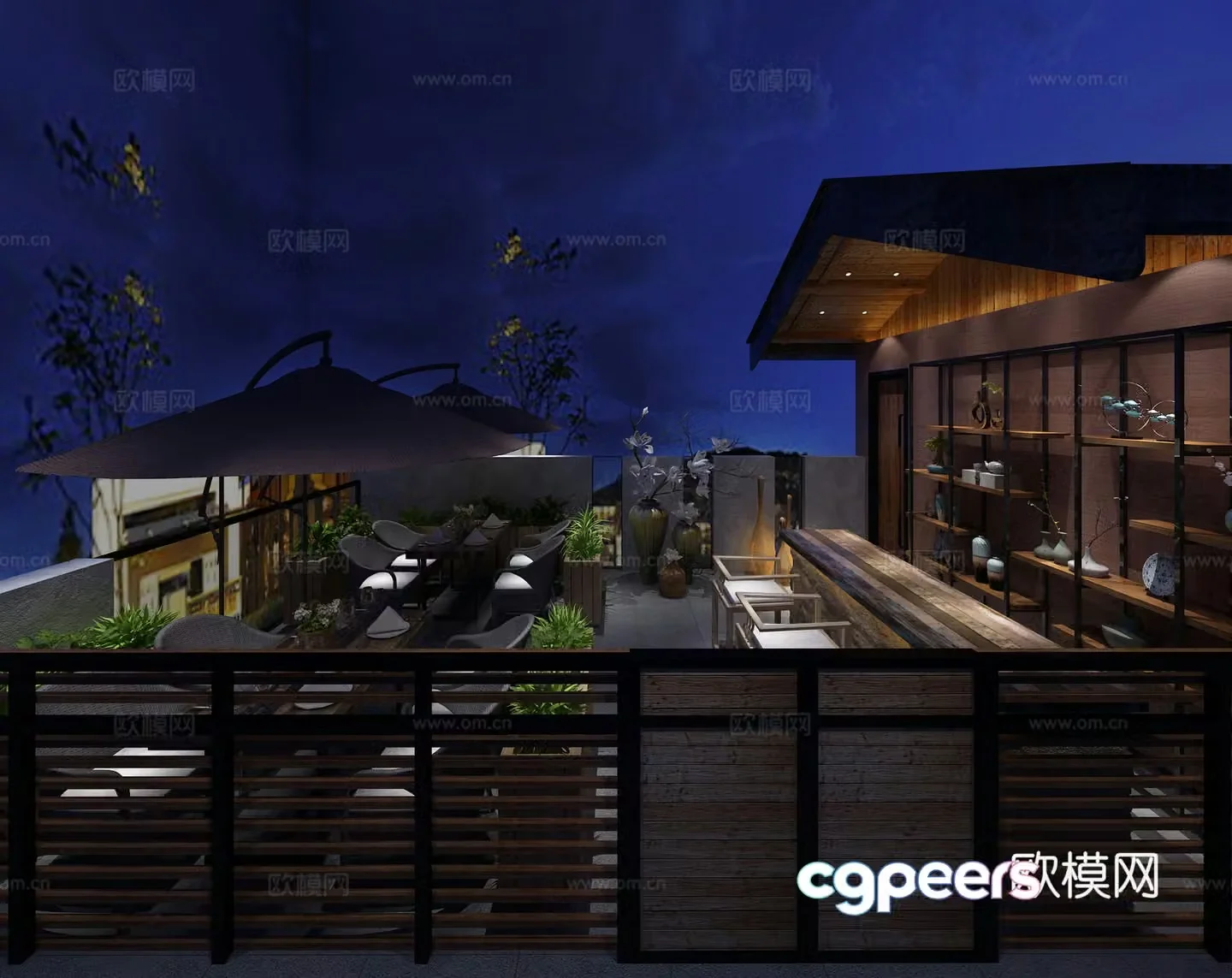 New Chinese style night view terrace 3D model