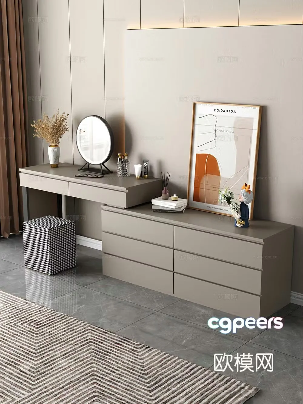 Modern dressing table makeup stool combination dressing table makeup stool mirror decoration hanging painting 3d model