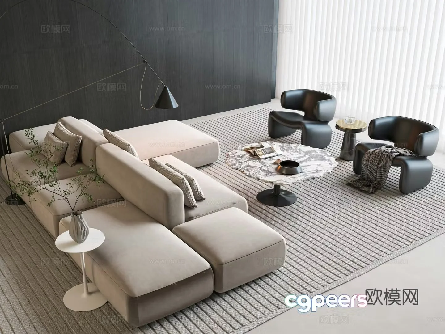 Modern Italian double-sided sofa sofa tea table combination double-rest sofa tofu block sofa sofa tea 3D model