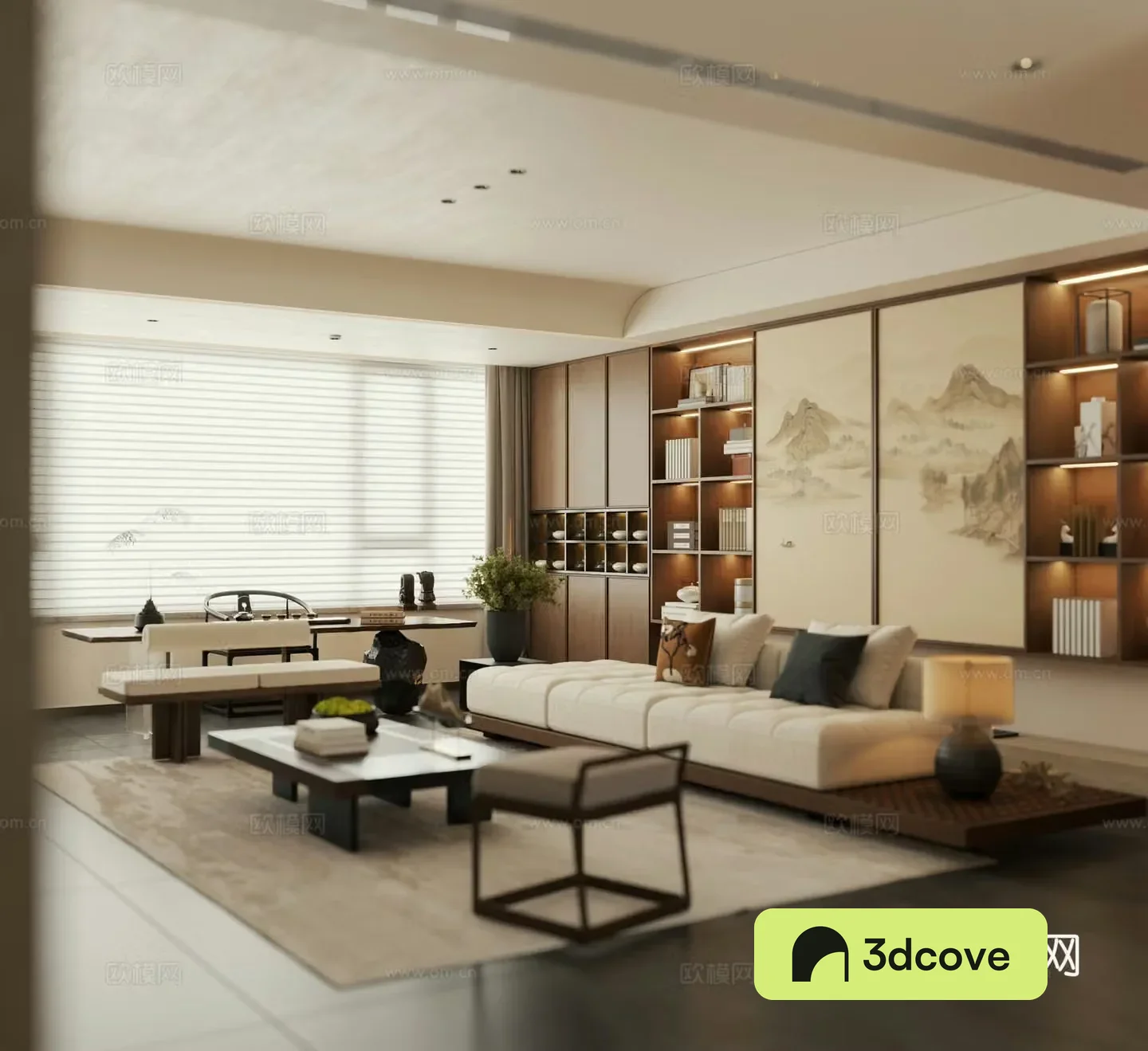 Song style home living room New Chinese style living room horizontal hall Large flat 3D model