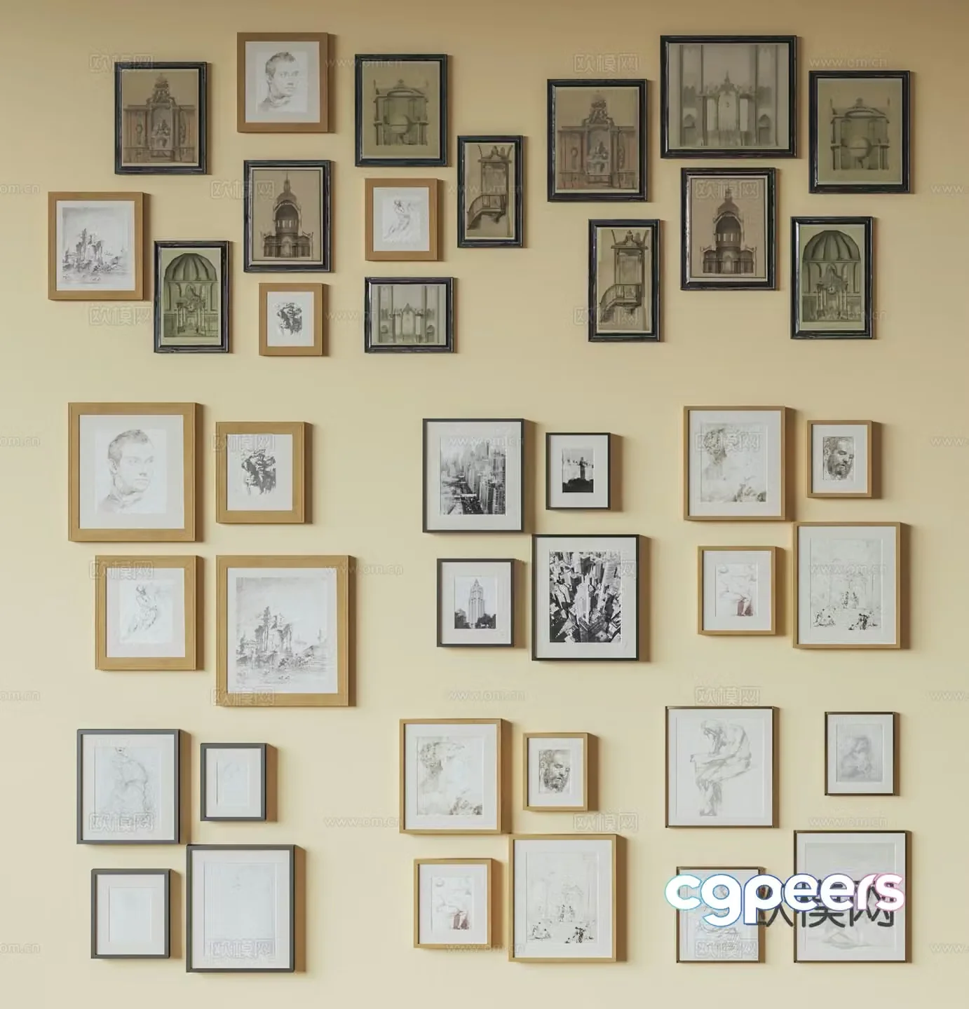 Middle American photo wall retro photo frame wall decoration hanging painting 3d model