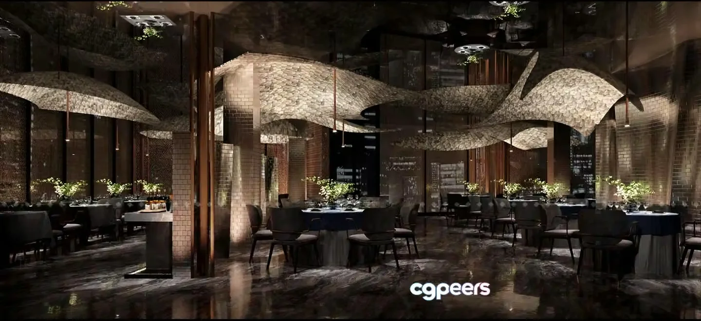 A Dimly Lit Restaurant Interior 3D Model – 1341 – VRAY Render
