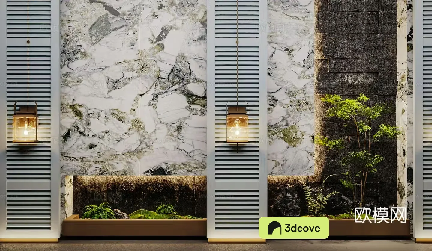 New Chinese interior landscape green plant landscaping Chinese wall light