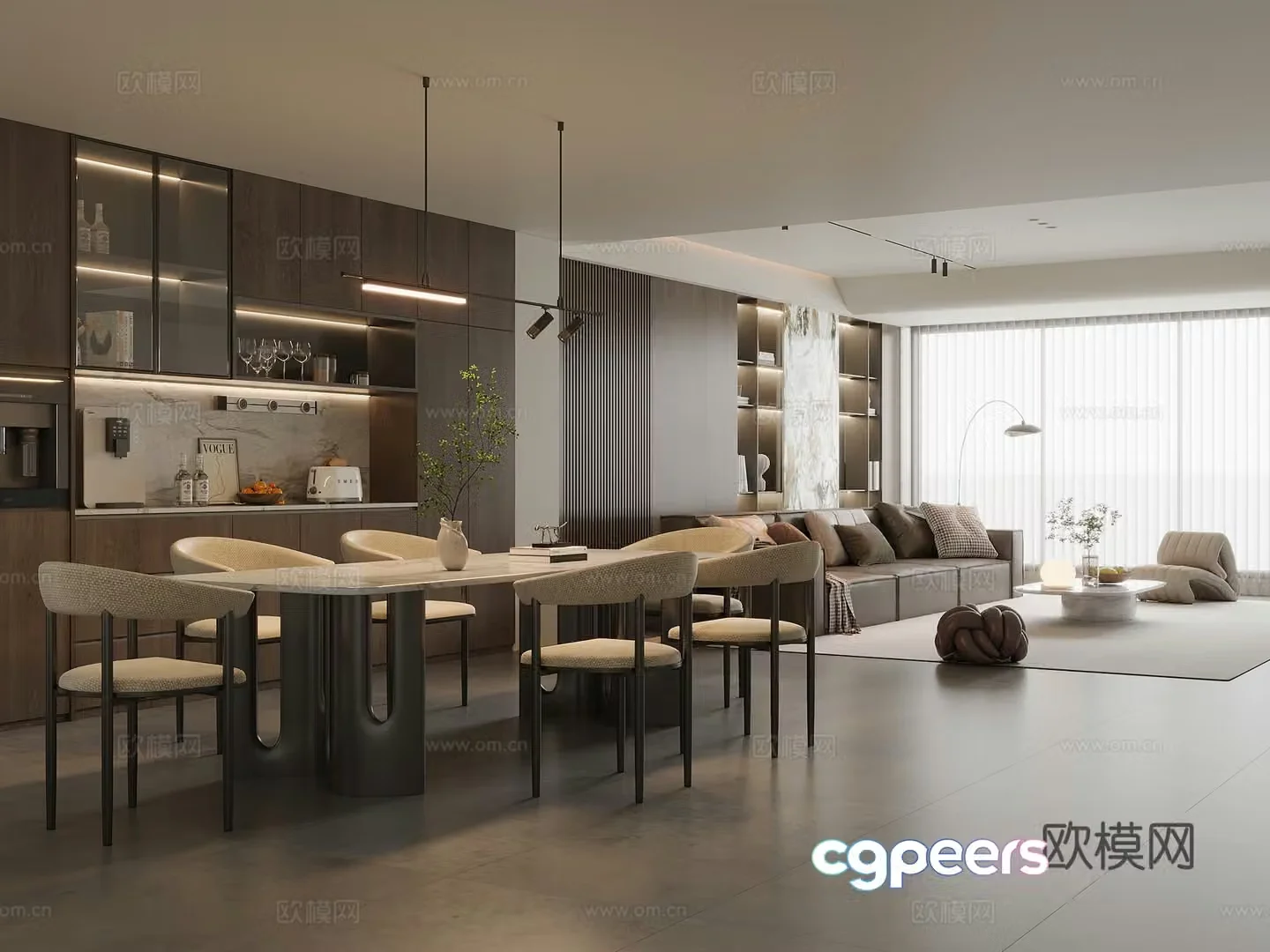 Modern Italian dining room marble dining table and chairs sideboard wine cabinet leather sofa coffee table combination 3D model