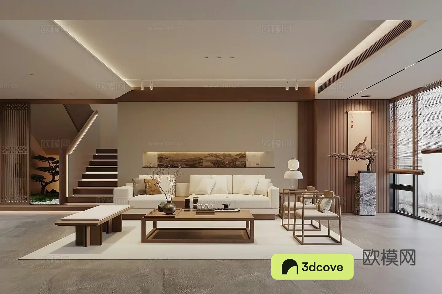 Song style new stroke living room sofa coffee table combination sofa background wall leisure chair stairs landscape