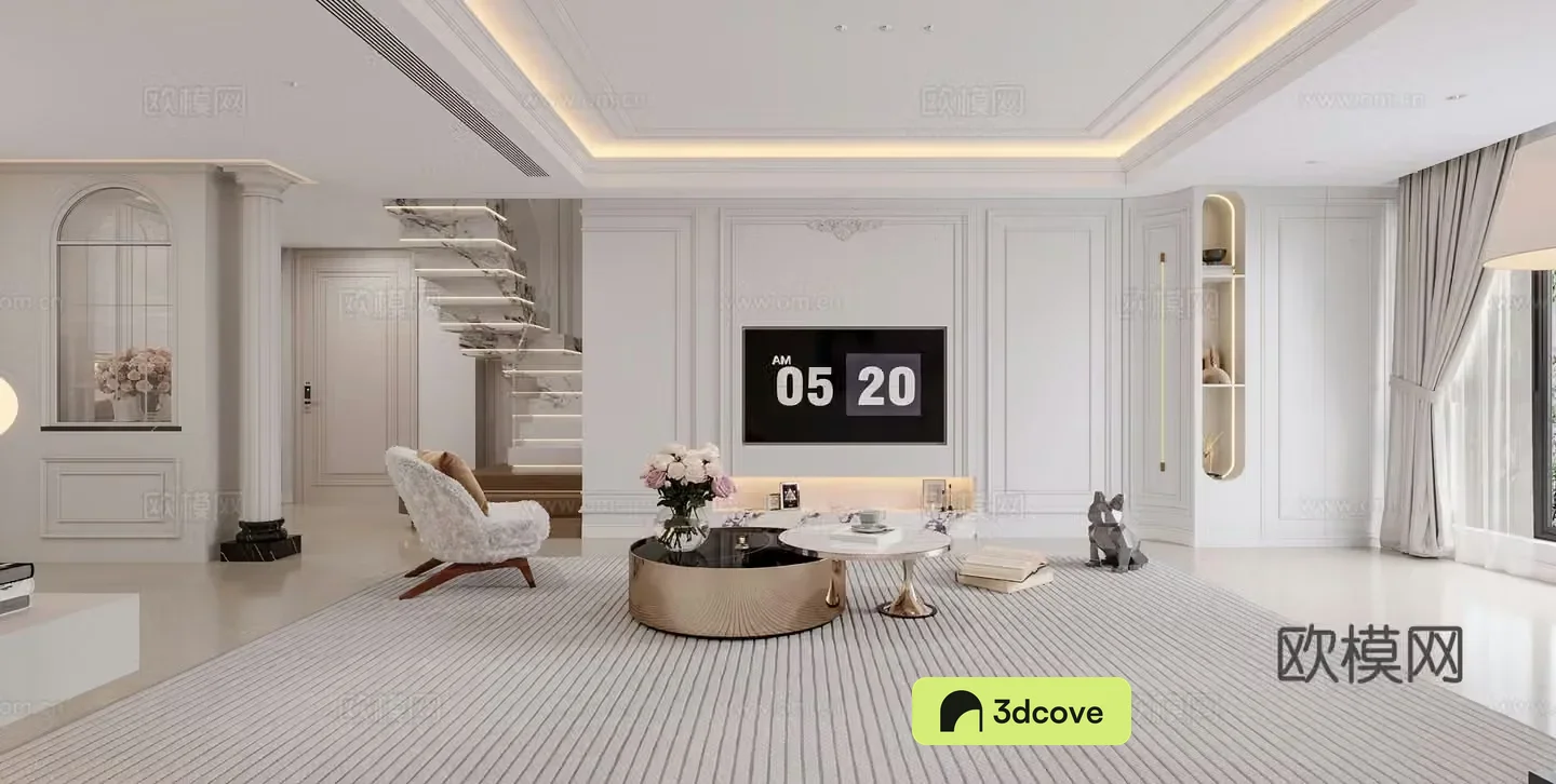 French living room TV background wall leisure chair coffee table light luxury modern living room staircase