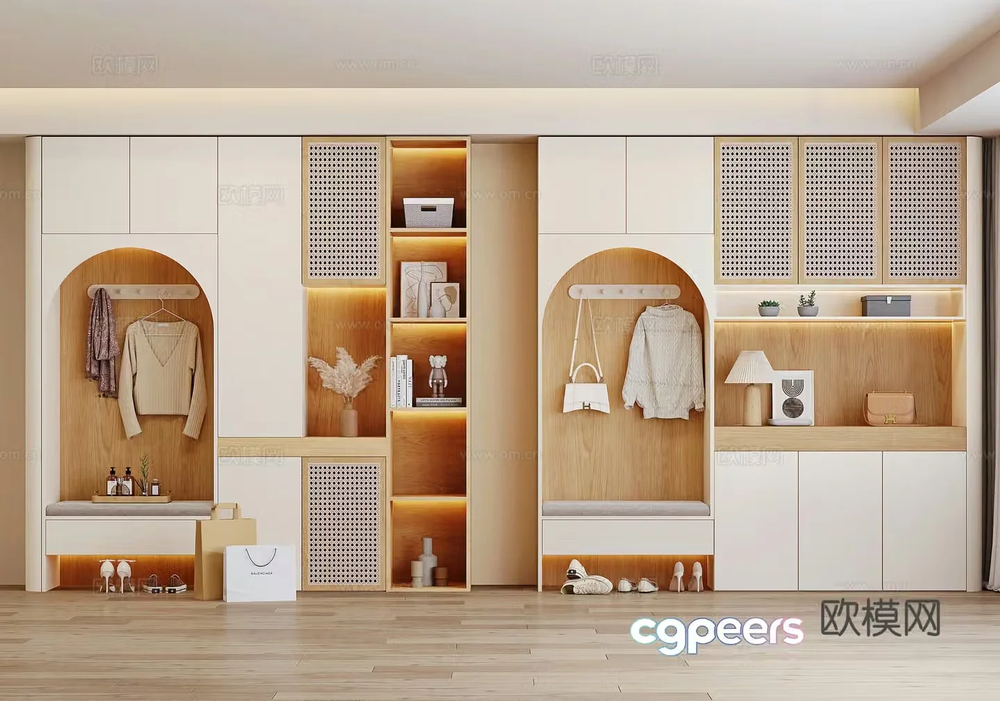 Modern log style shoe cabinet door-to-door shoe cabinet shoe changing stool shoes bags clothes hangers 3D model