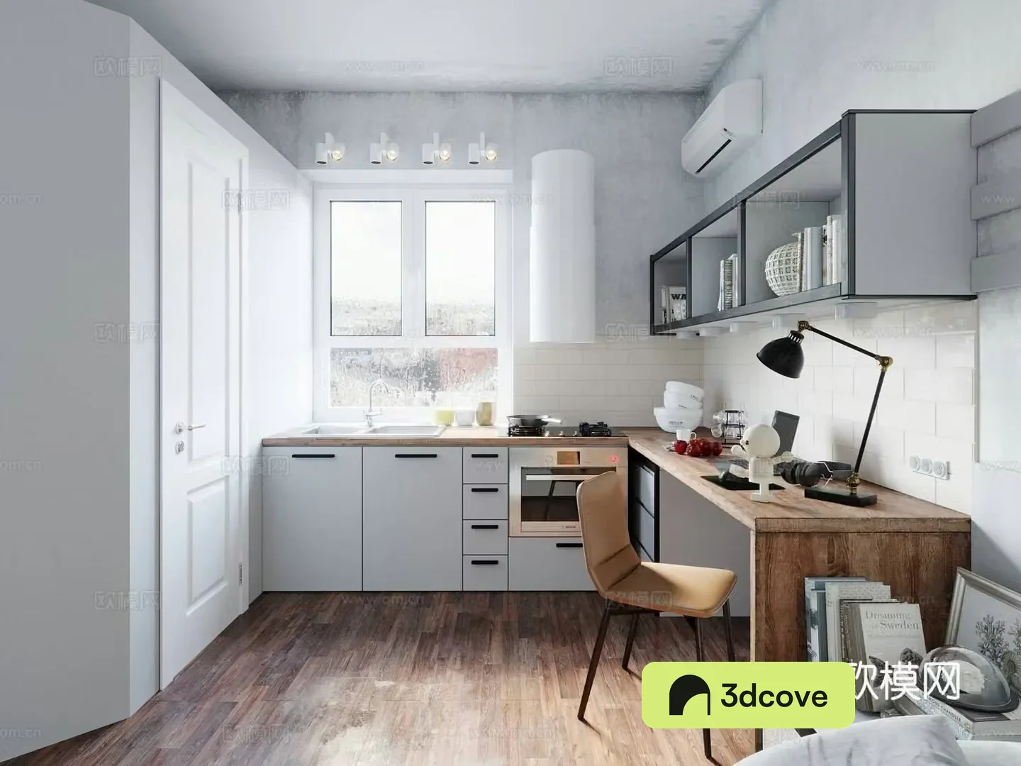 Modern apartment Minimalist apartment Foreign apartment Desk and chair Open kitchen Desk accessories