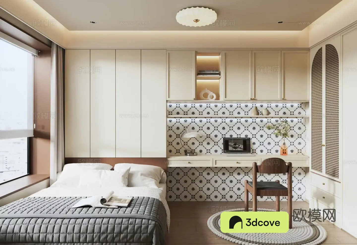 Modern medieval style tatami bedroom wardrobe writing desk bookcase ceiling lamp single bed