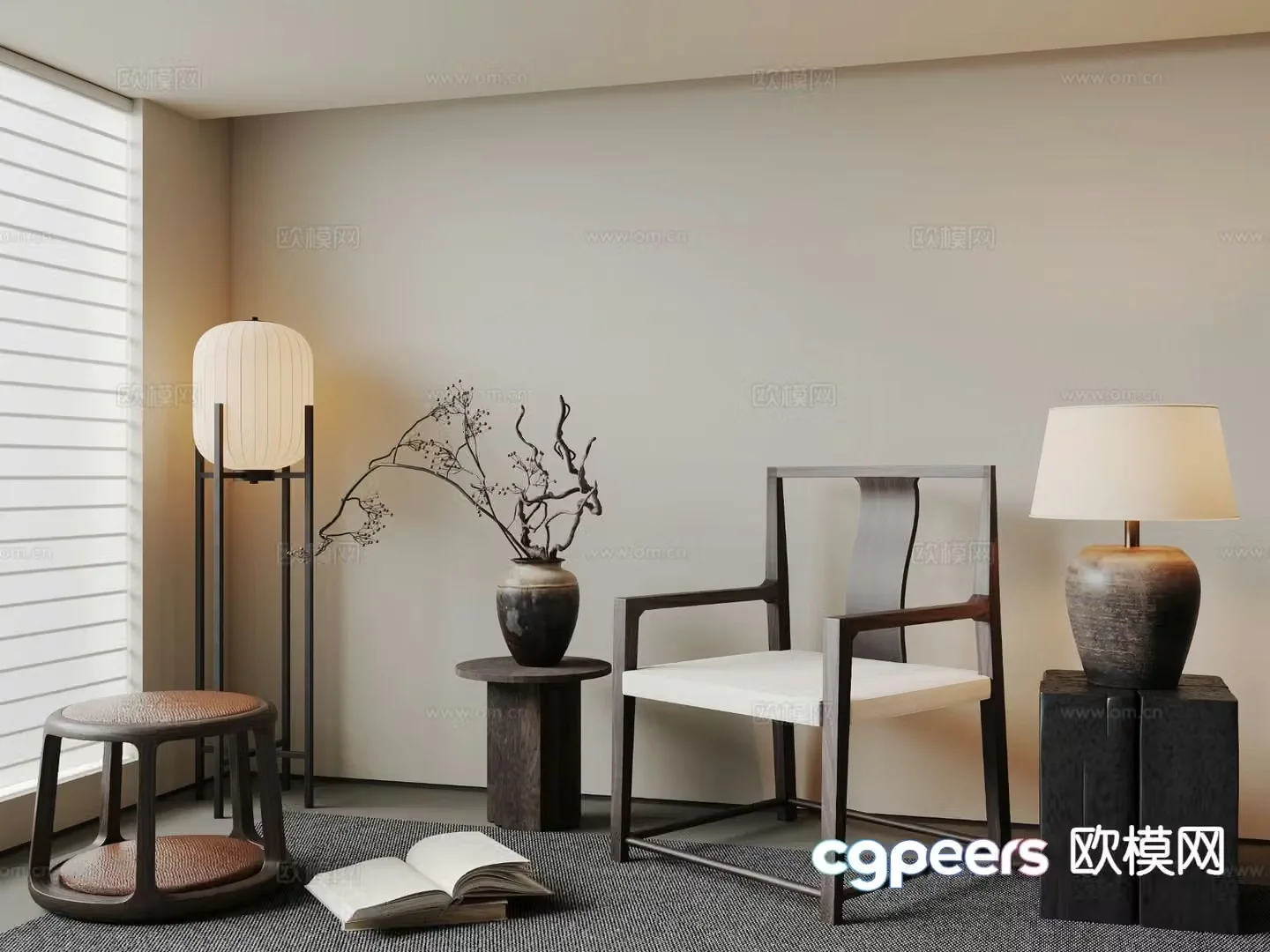 Medieval style leisure chair side table floor lamp table lamp low stool 3D model