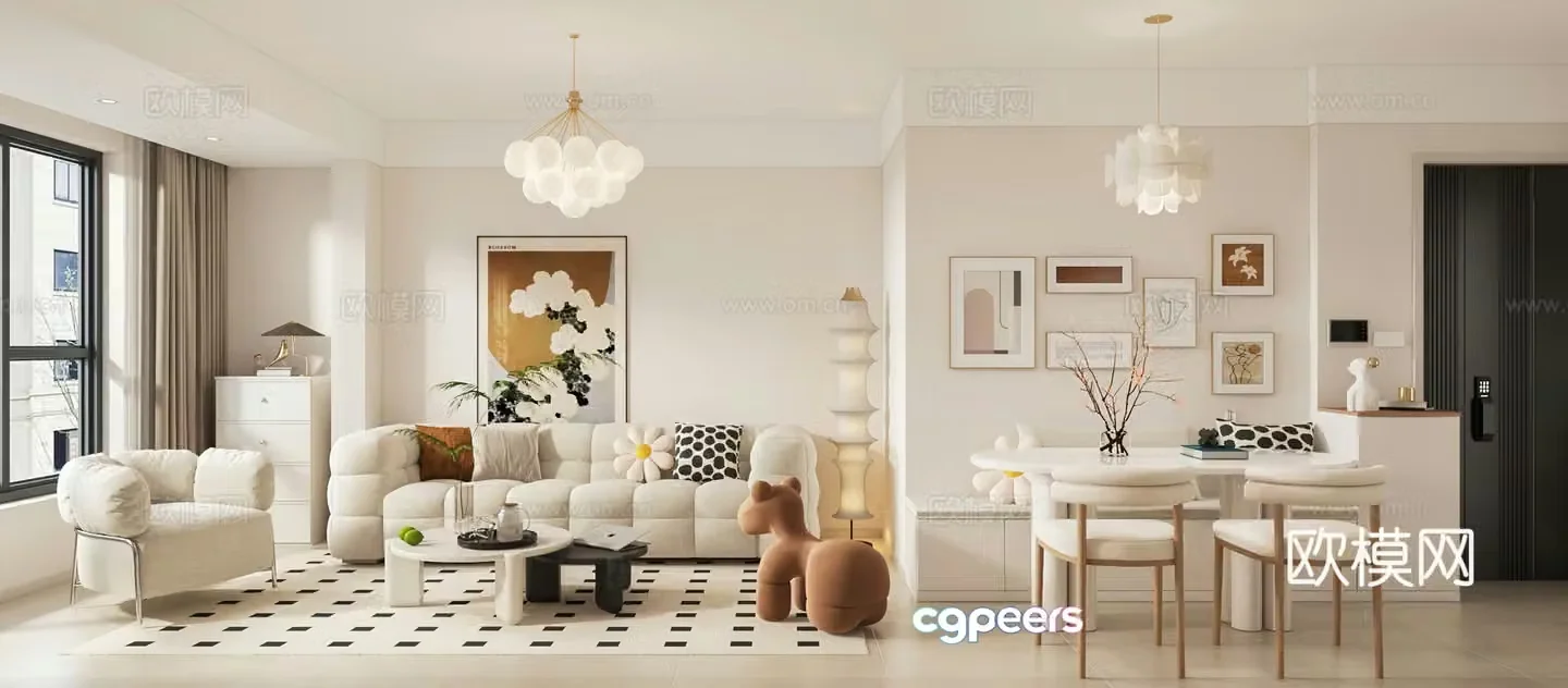 Creamy style dining room small apartment entrance cabinet 3d model