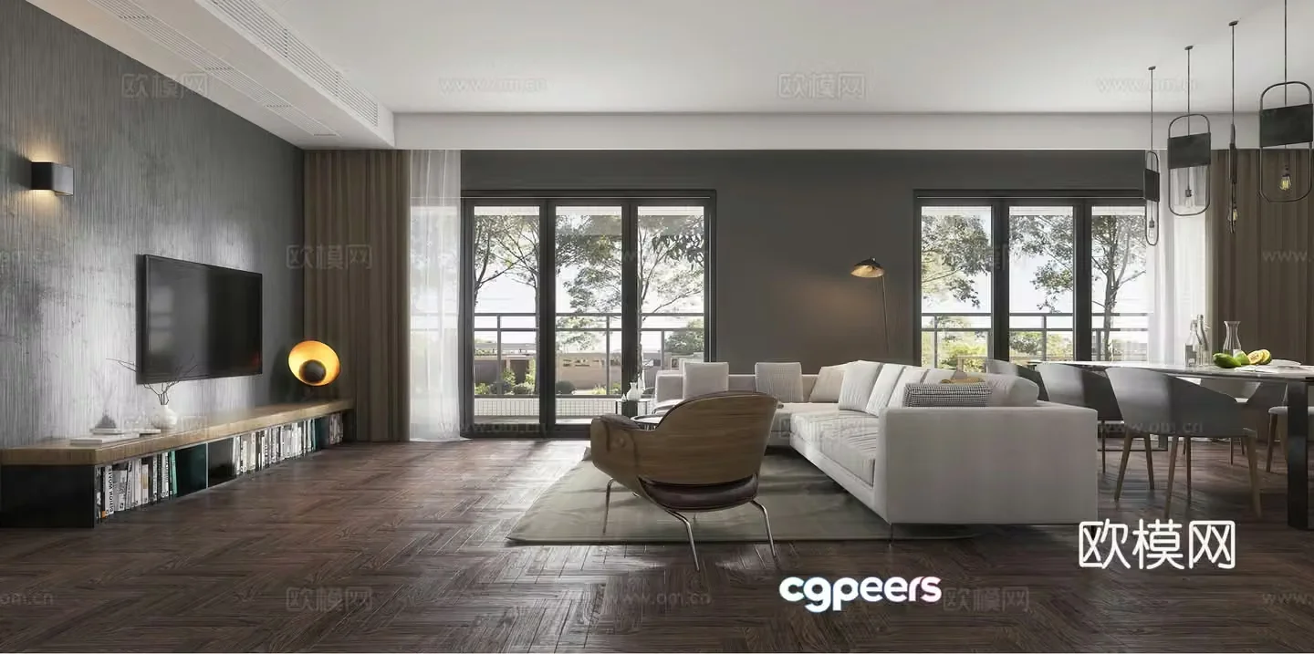 Modern living and dining room sofa coffee table chandeliers TV cabinet side cabinet dining table chair 3d model