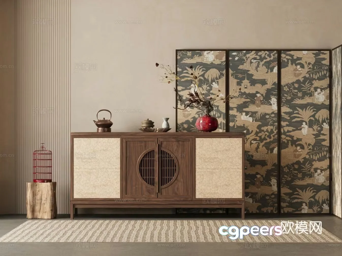 New Chinese style chest of drawers side cabinet folding screen floral ornaments 3D model