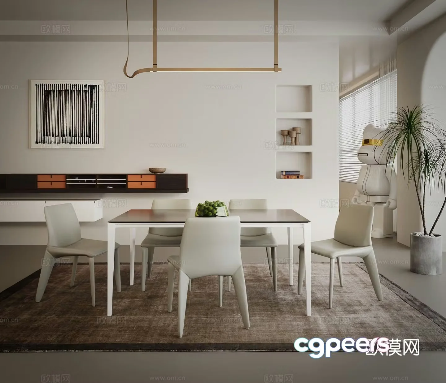 Simple European Restaurant Dining Table Combination Sideboard Carpet 3D Model