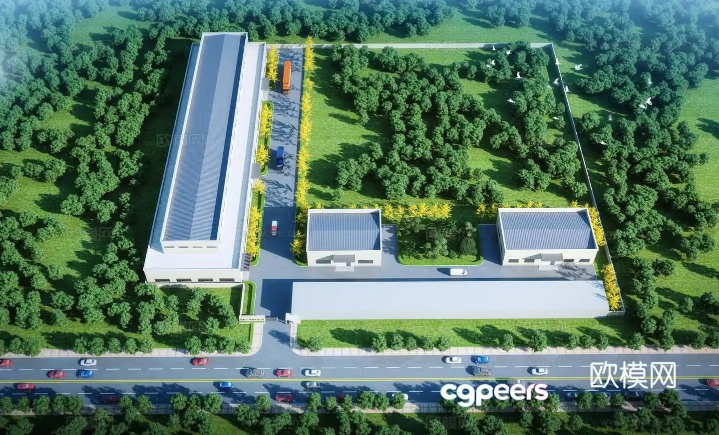 Aerial view 3d model of modern factory building