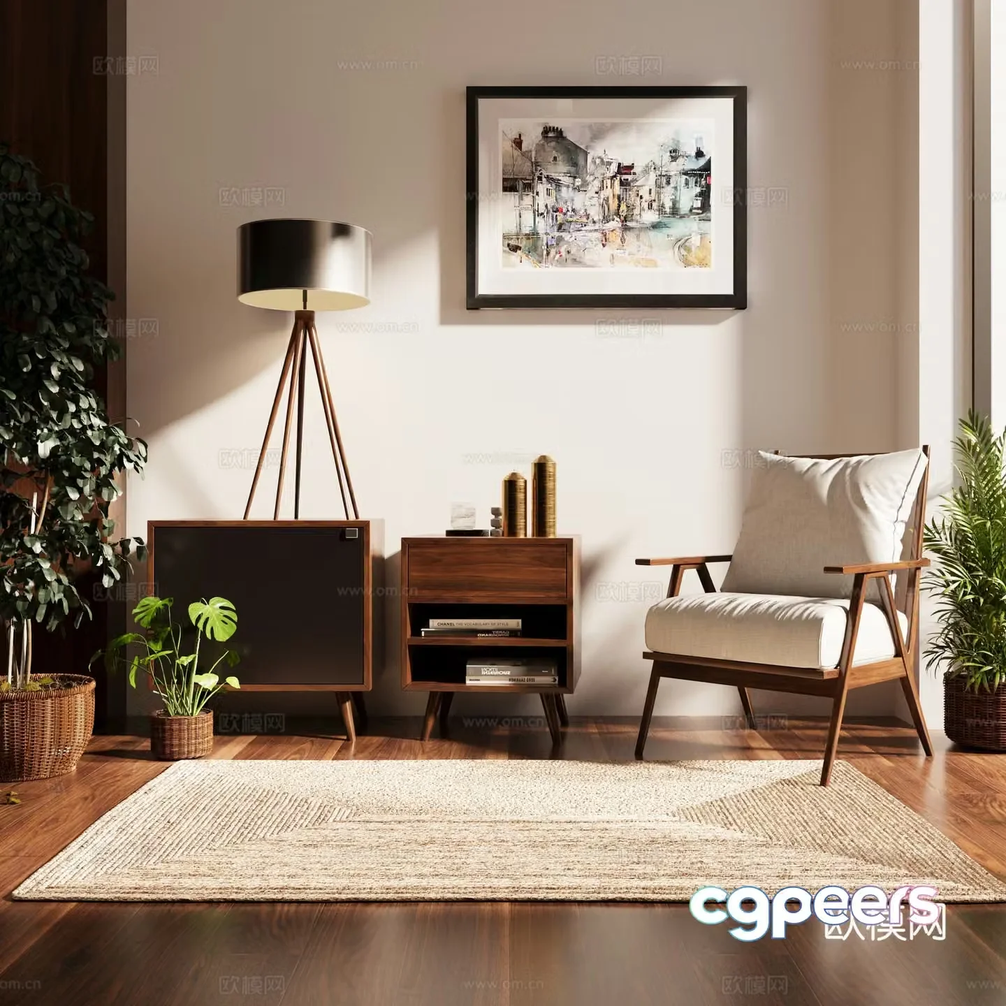 Modern leisure chair side cabinet low cabinet floor lamp carpet green plants bonsai balcony leisure area 3D model