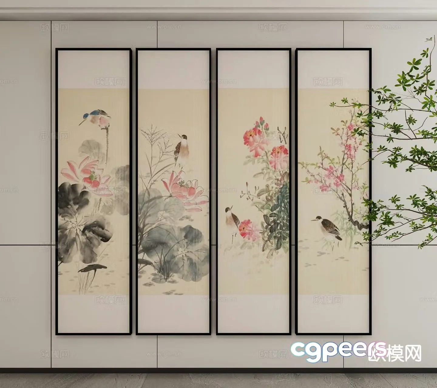 New Chinese style ink painting flower and bird painting decorative painting 3D model