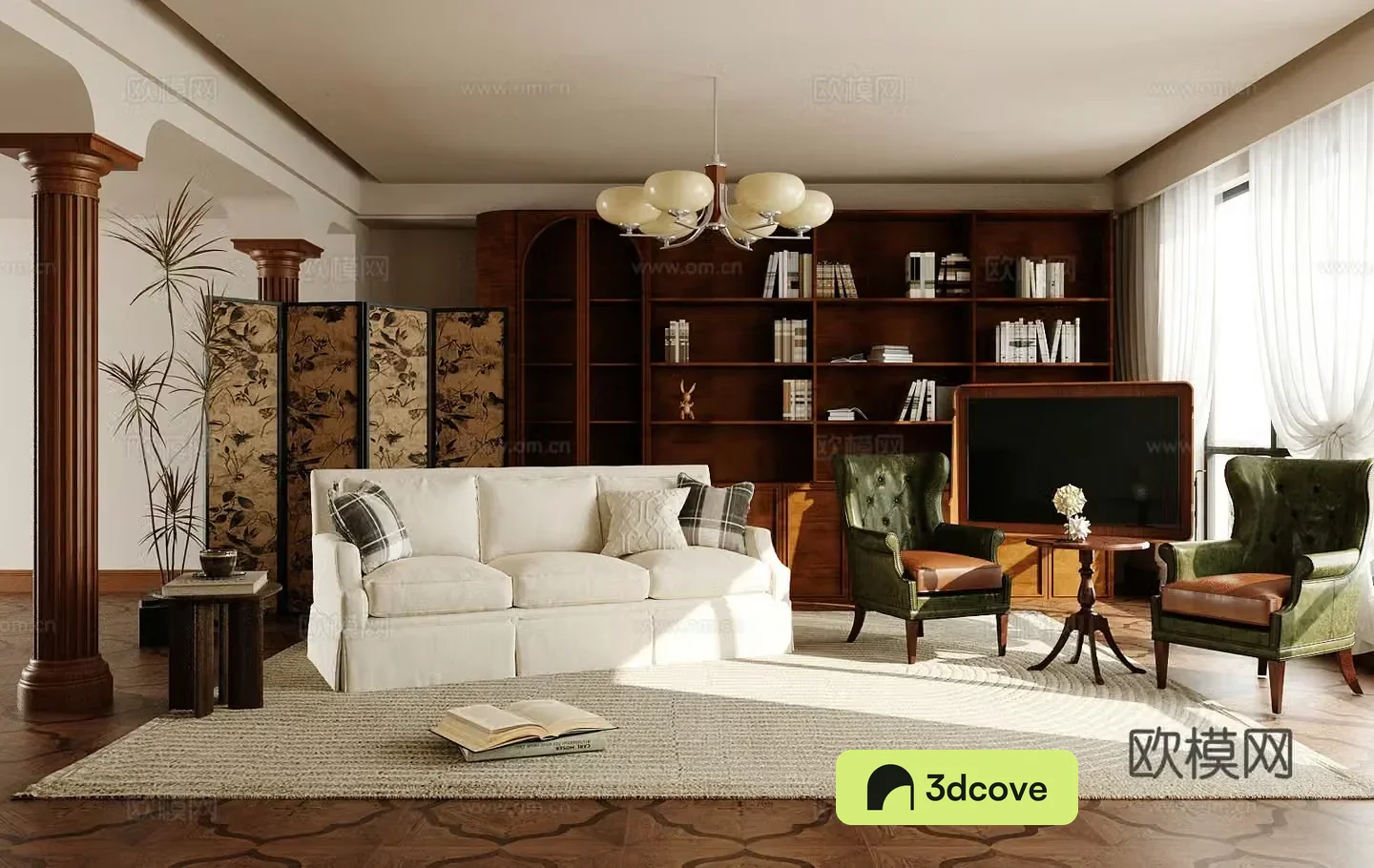 Medium-old home living room large living room solid wood bookcase sofa and coffee table combination 3D model