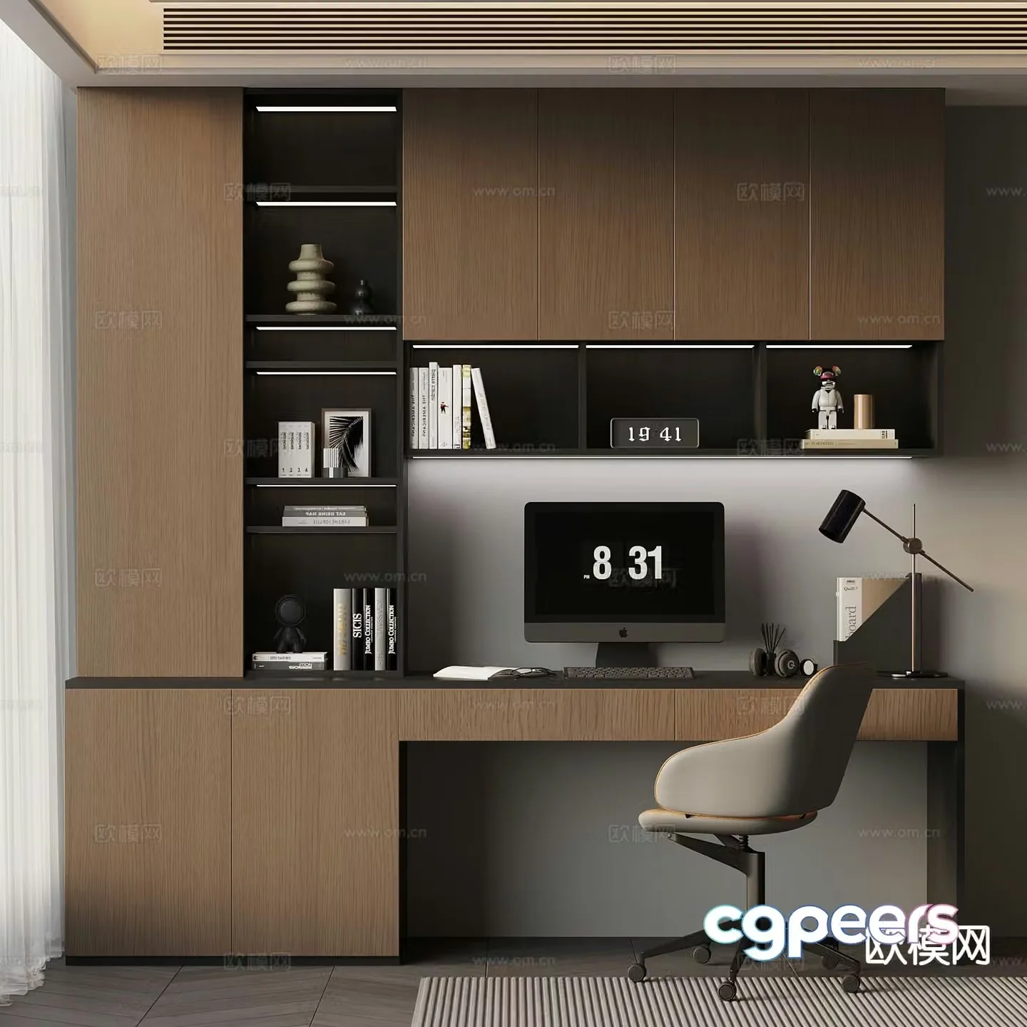 Italian style integrated bookcase desk chair 3d model