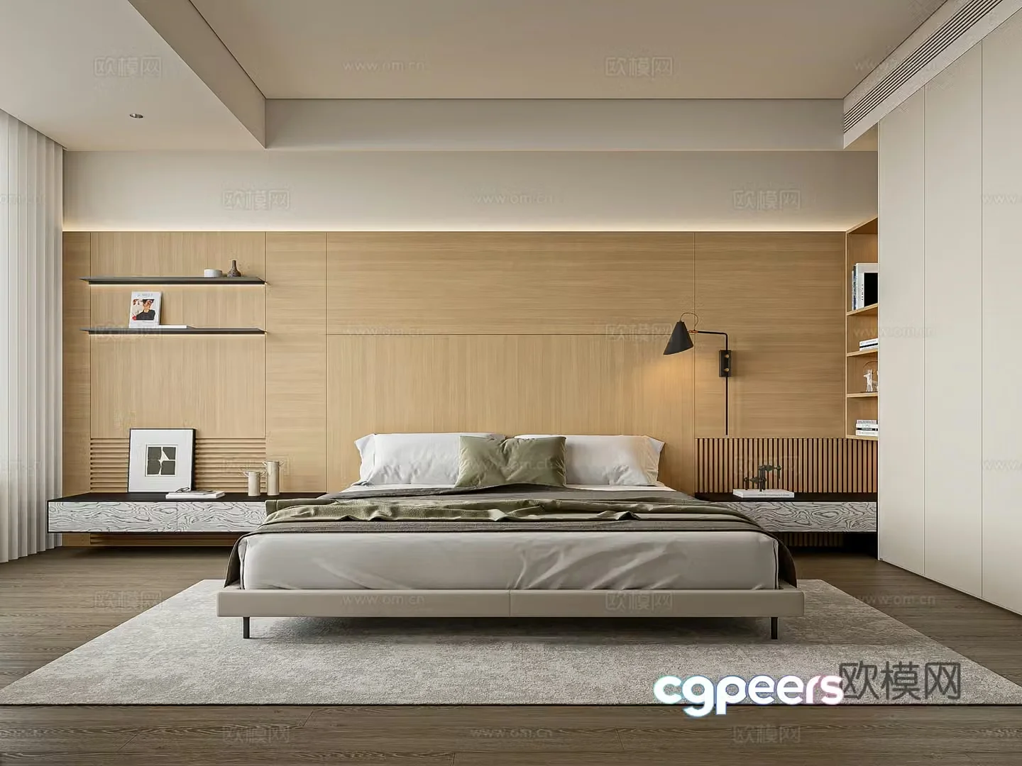 Minimalist log home bedroom master bedroom second bedroom elderly room log background wall metal leisure chair 3d model