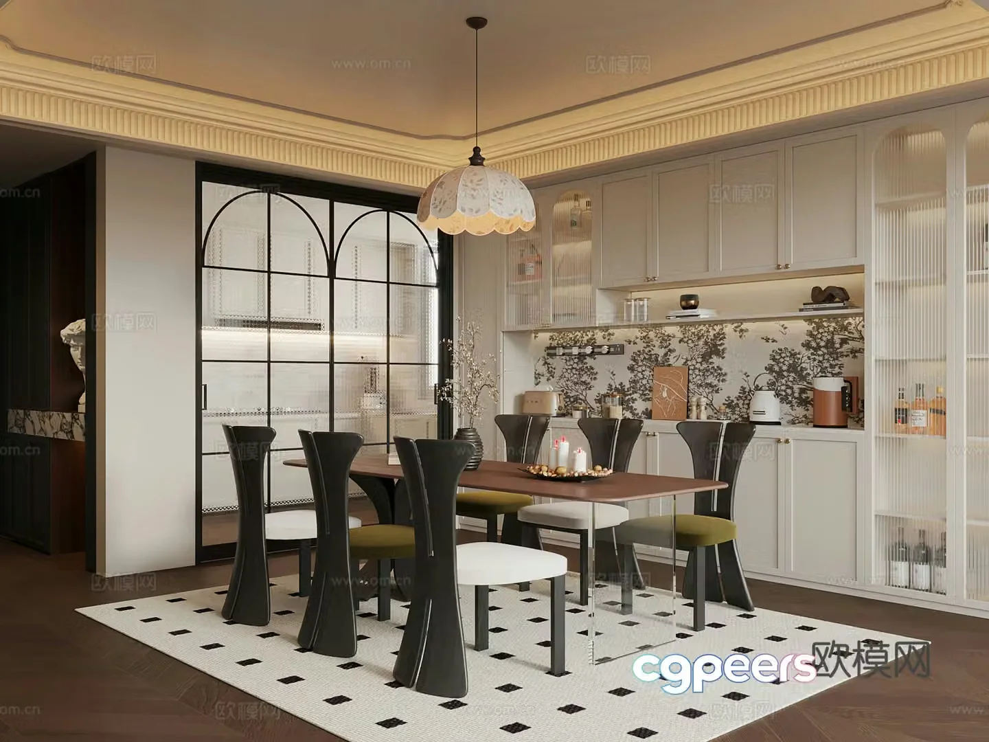 French restaurant wine cabinet dining table and chair 3d model