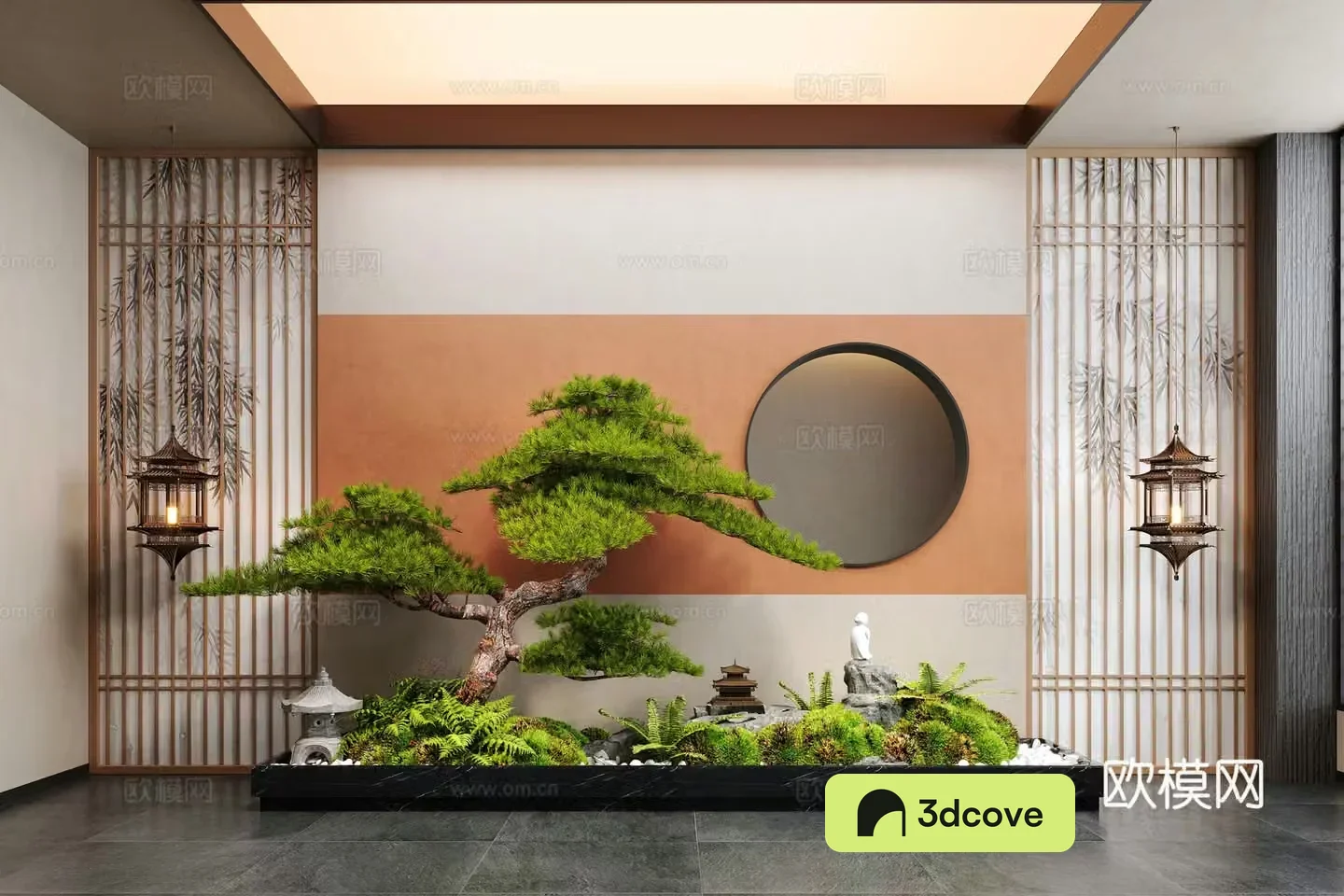 New Chinese style interior landscape plant landscaping pine moss landscape stone