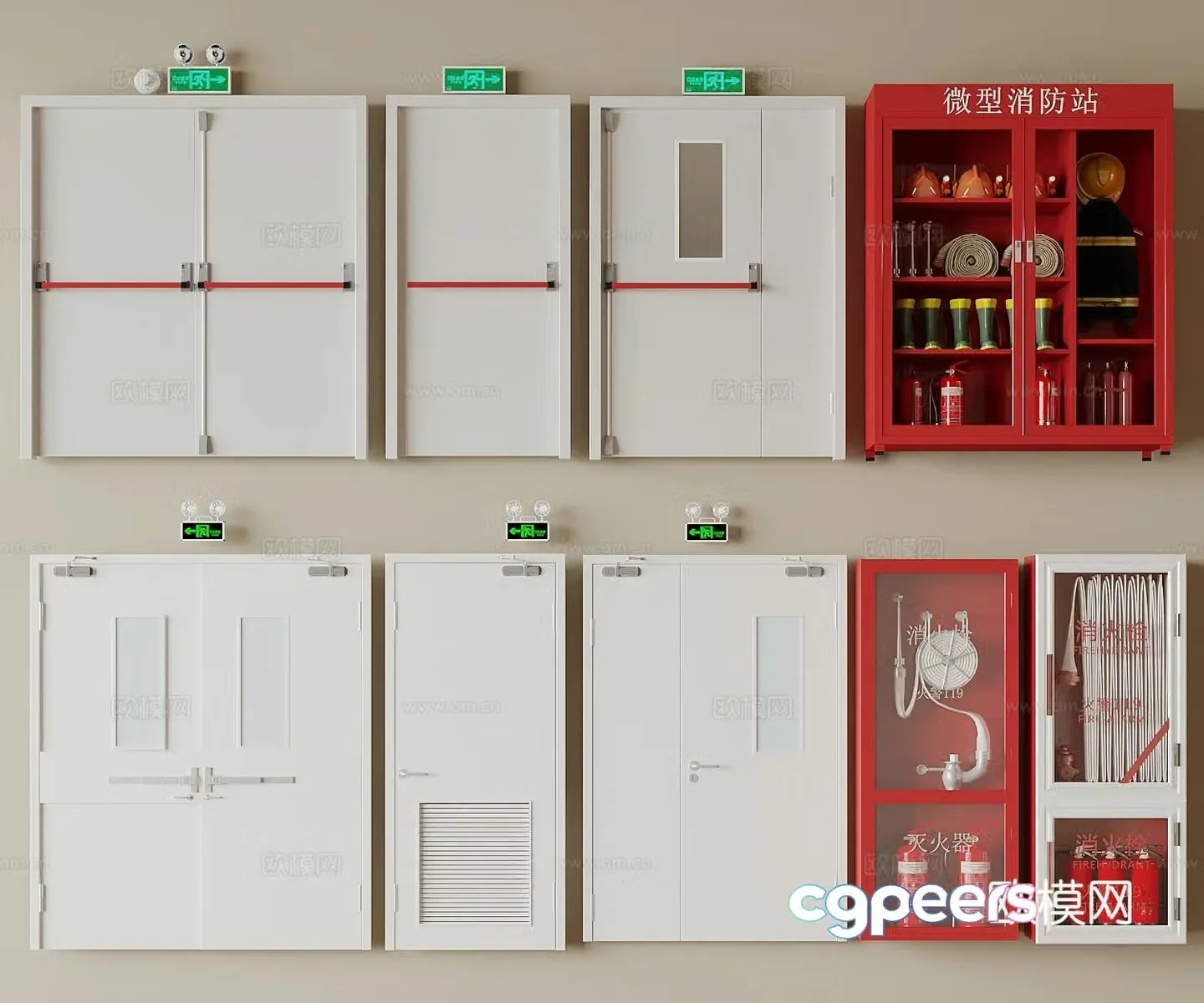 Fire door Fire door Fire hydrant Fire door Fire equipment Fire extinguisher Safety exit 3D model