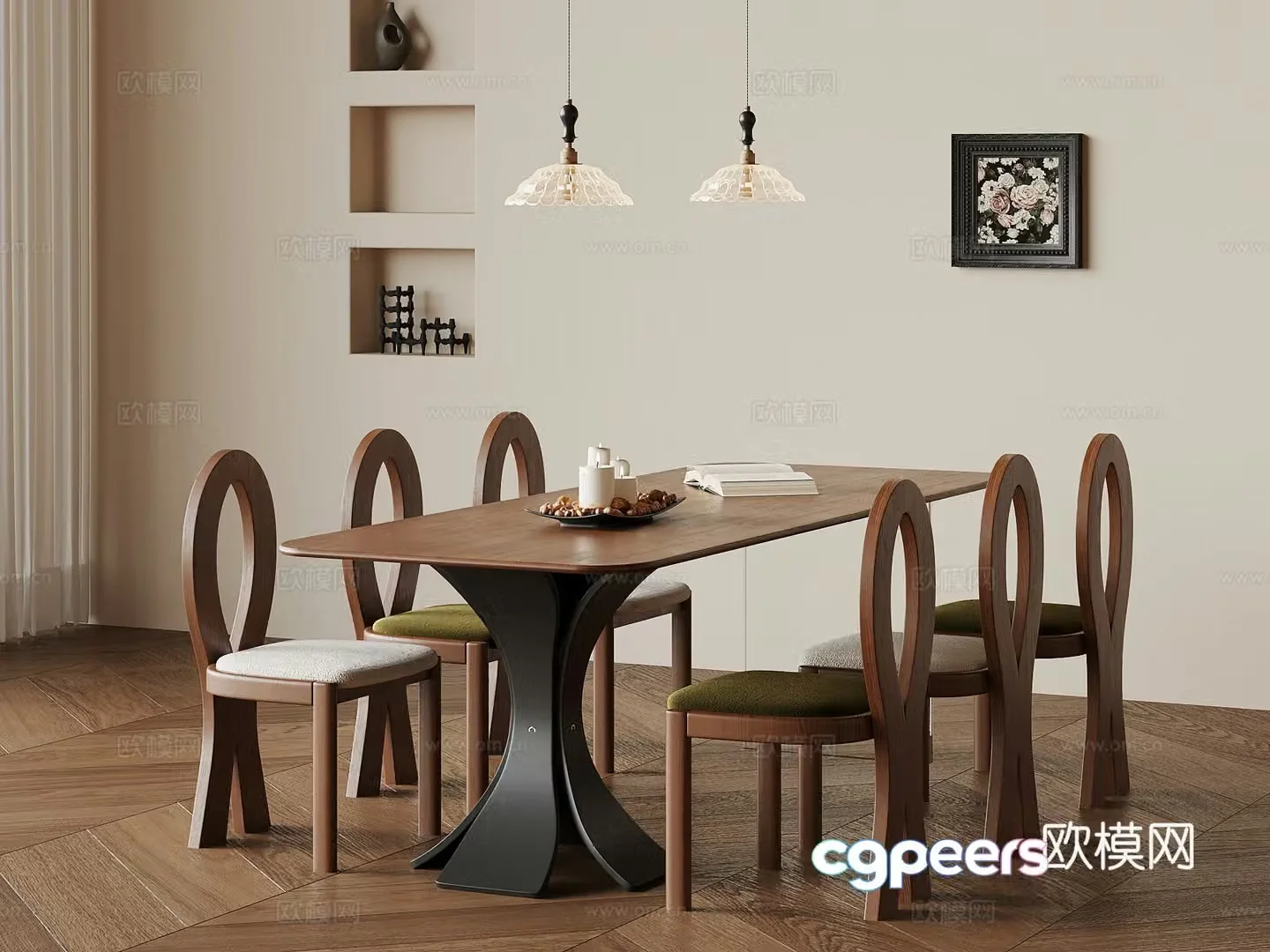 French medieval dining table dining table and chair small chandelier 3d model