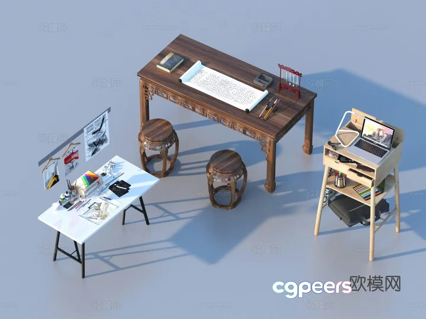 Study table furniture square table 3d model