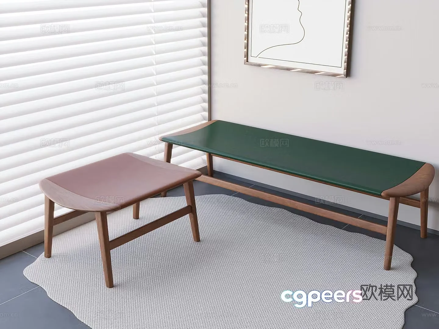 Medieval style solid wood stool bench 3d model