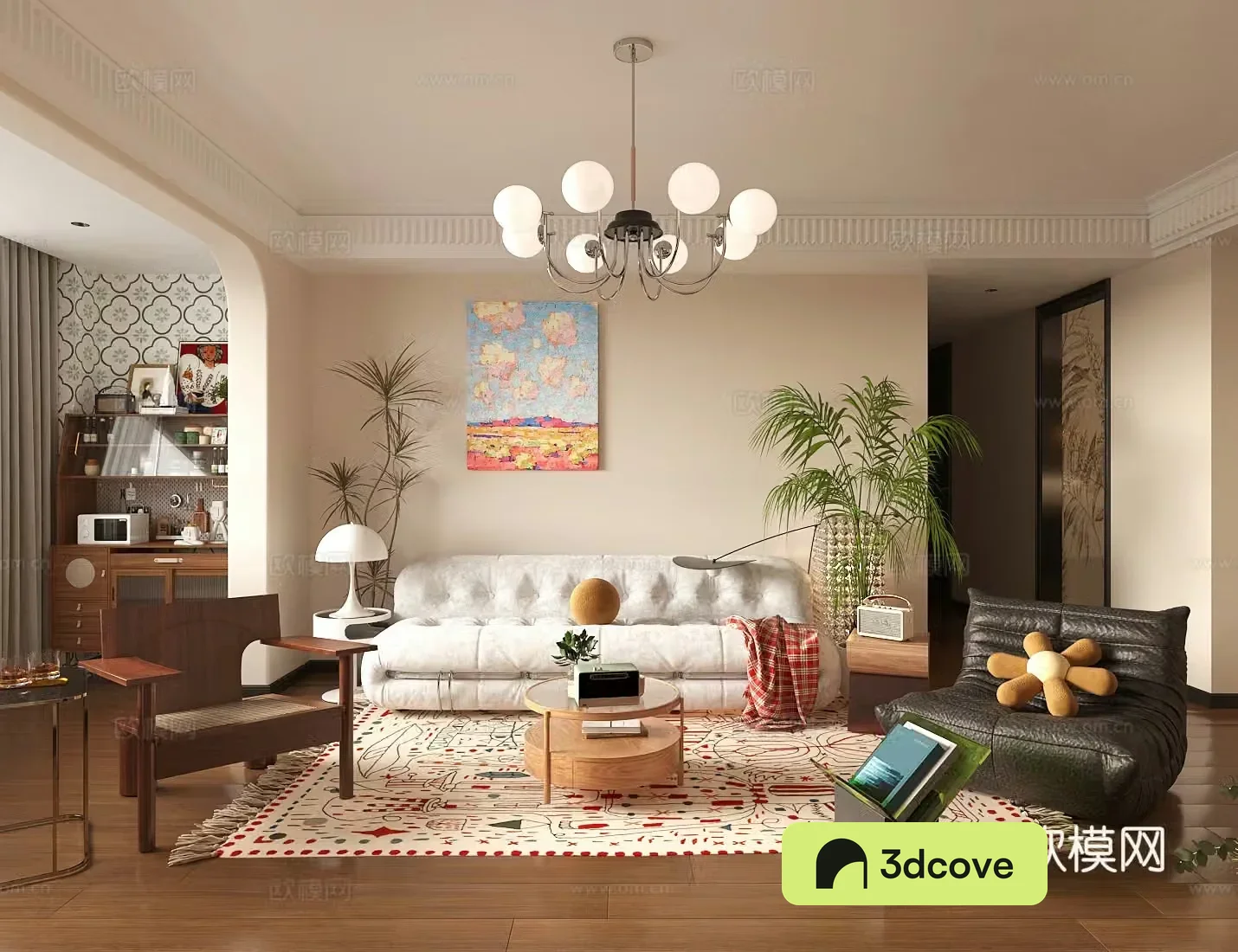 Middle style living room horizontal living room small living room sofa and coffee table combination retro style living room 3D model
