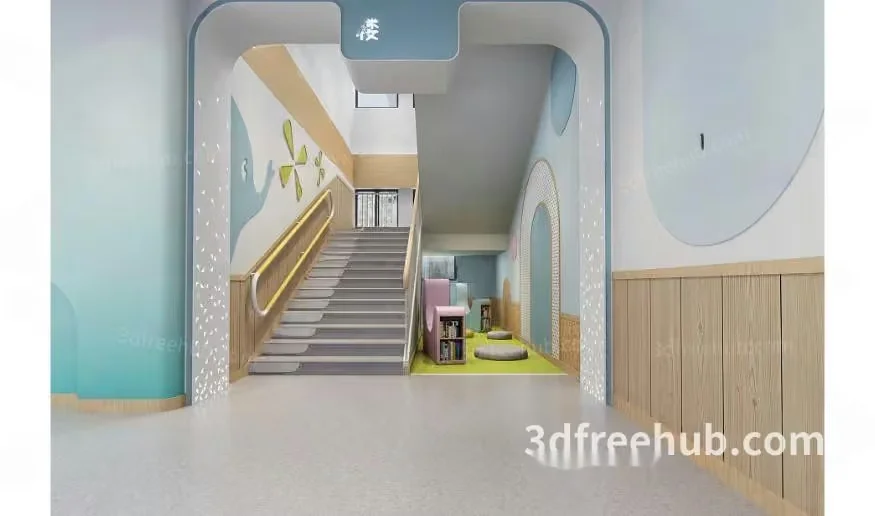 The Main Subject Is A 3D Rendering Of A Hallway With A Staircase 3D Model – 18715 – VRAY Render