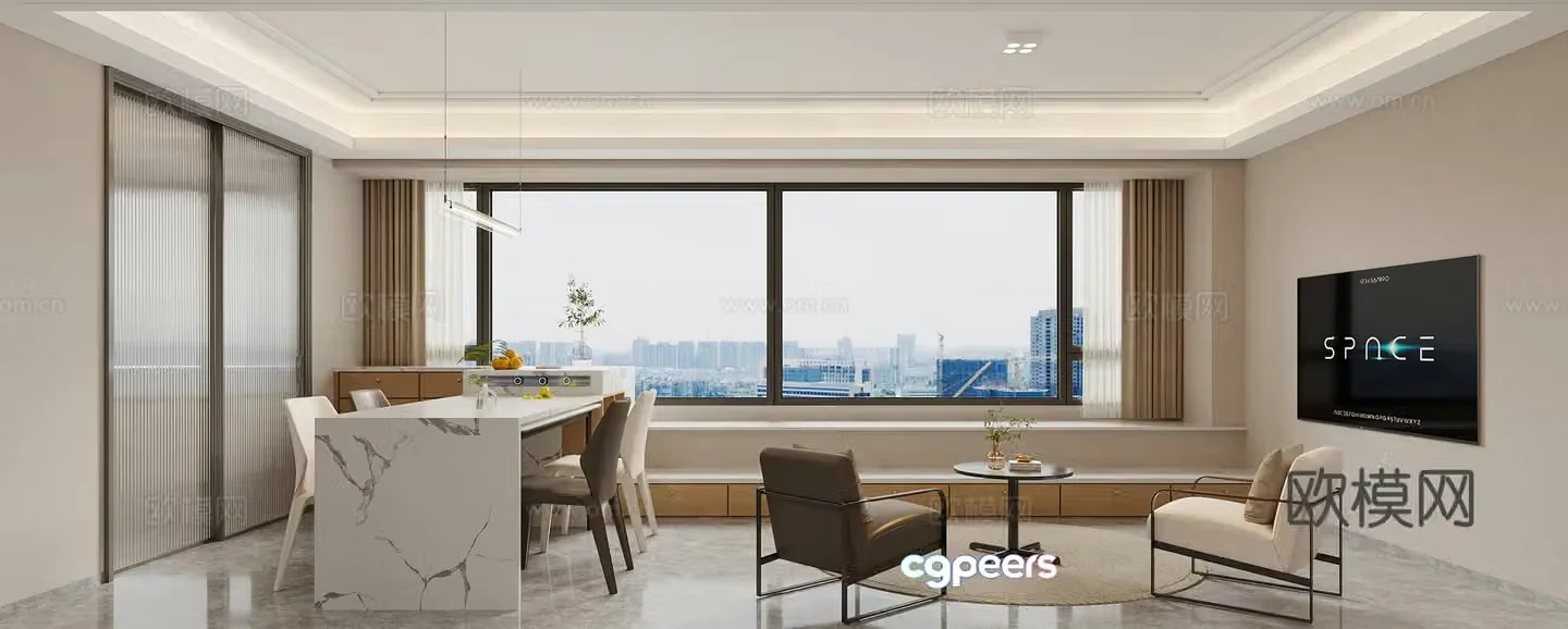 Modern living and dining room 3d model