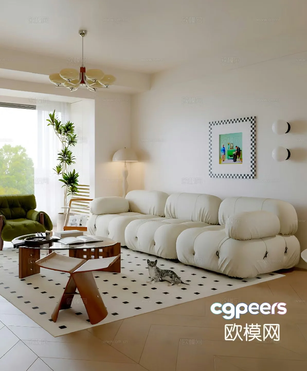 Cream minimalist home living room 3d model