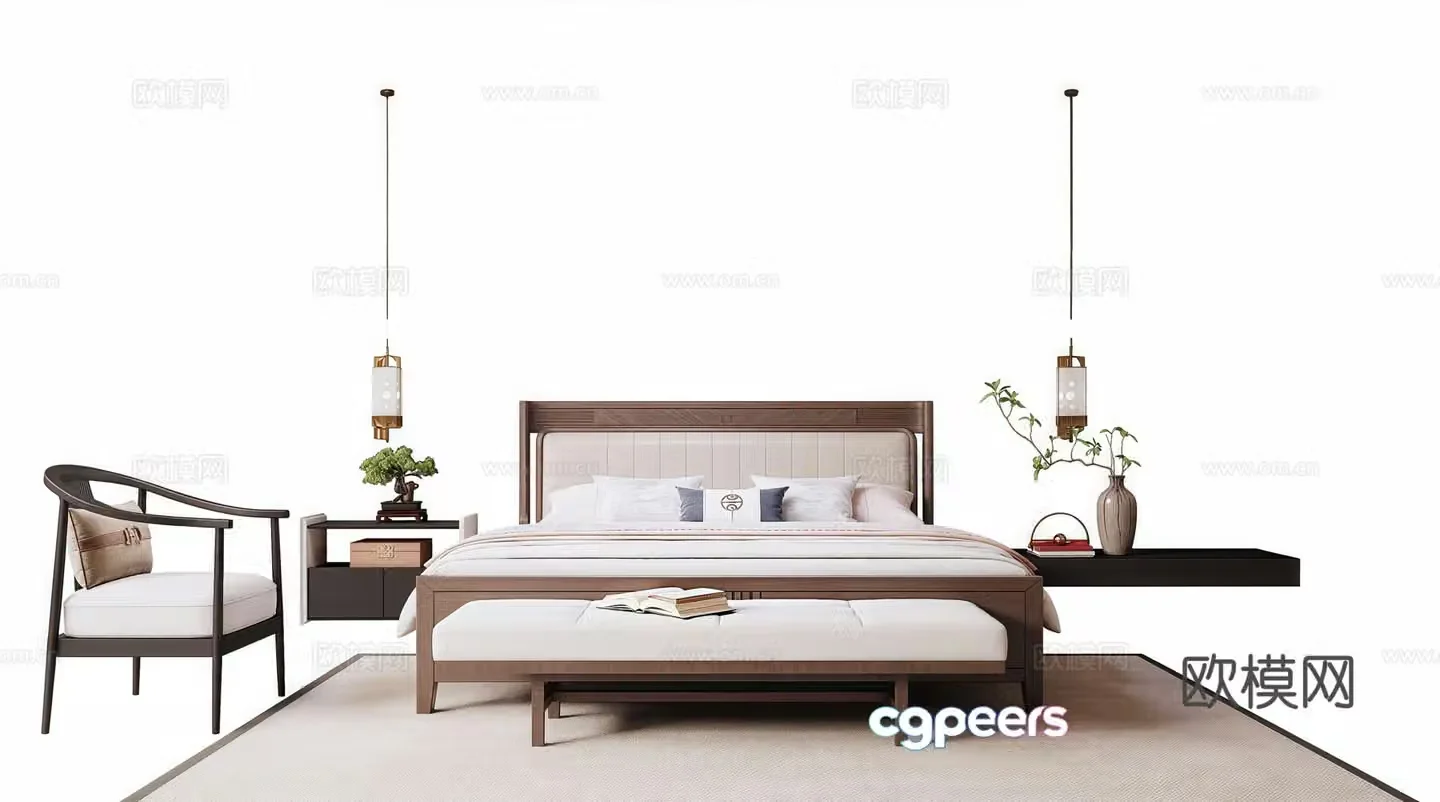 New Chinese style double bed bed nightstand small chandeliers lazy sofa 3D model