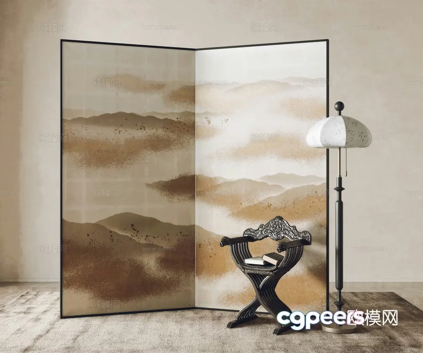 New Chinese-style screen partition single chair floor lamp 3d model