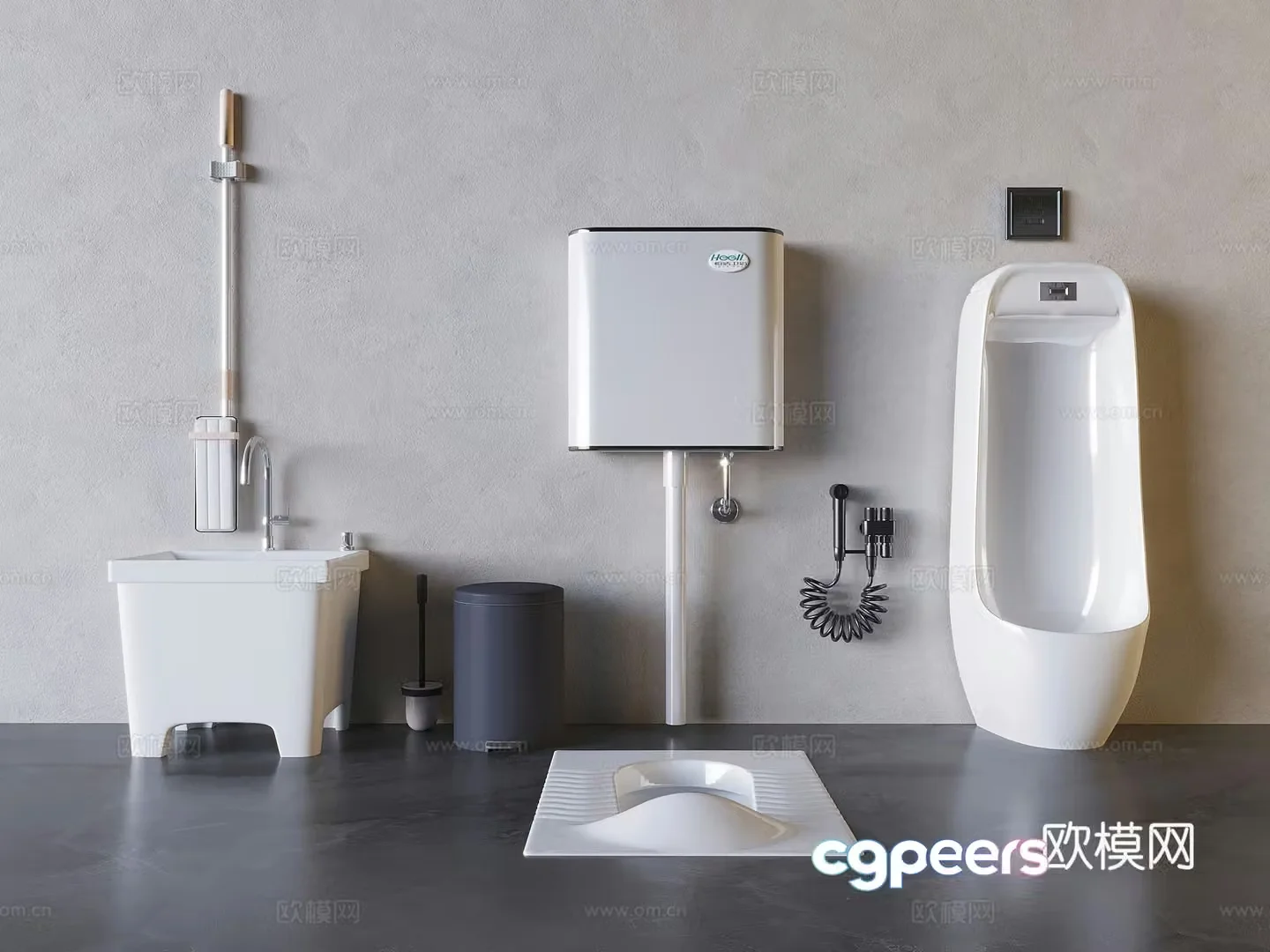 Water storage squat toilet toilet urinal urinal mop pool toilet companion toilet brush 3d model