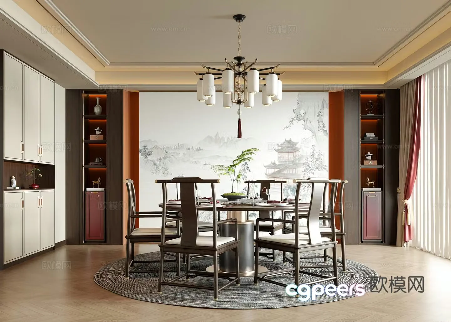 New Chinese restaurant Dining table and chairs New Chinese chandeliers Round dining table 3D model