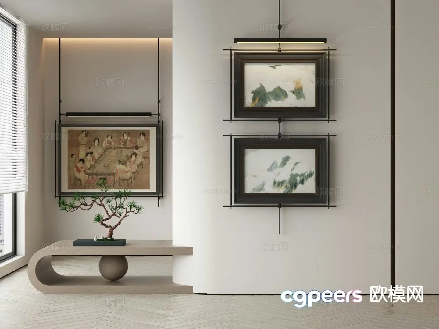 New Chinese style decorative painting ancient painting metal pole hanging painting 3D model
