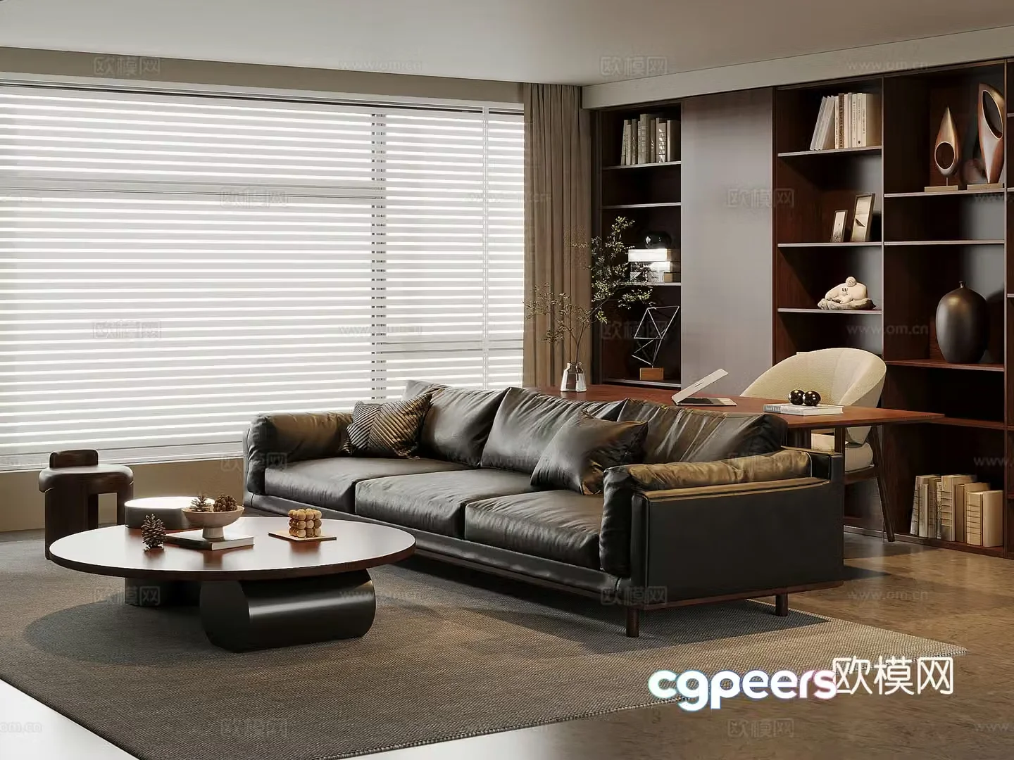 American medieval style living room leather sofa and coffee table combination solid wood desk and chair solid wood bookcase 3D model