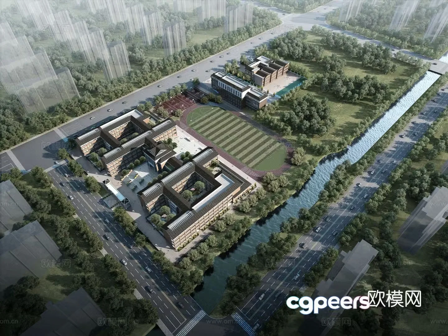 School aerial view 3d model