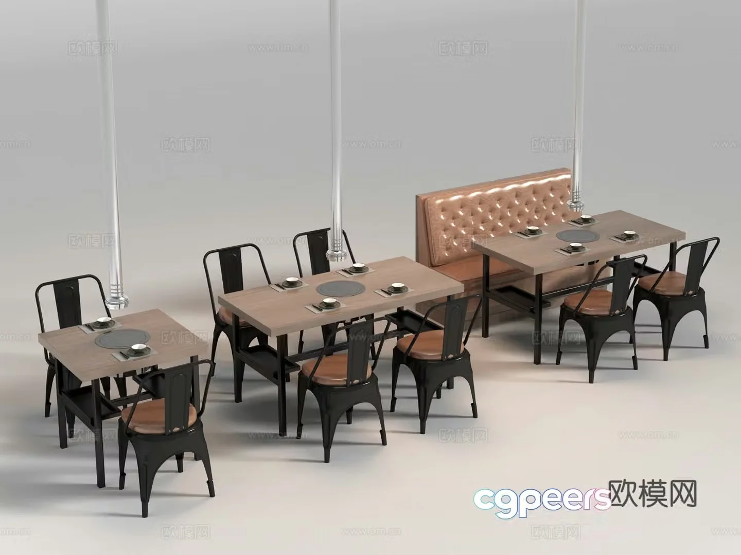 Industrial style barbecue booth dining table and chairs 3D model