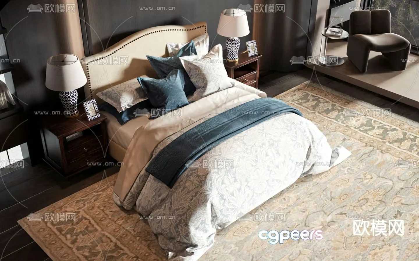 American double bed 3d model