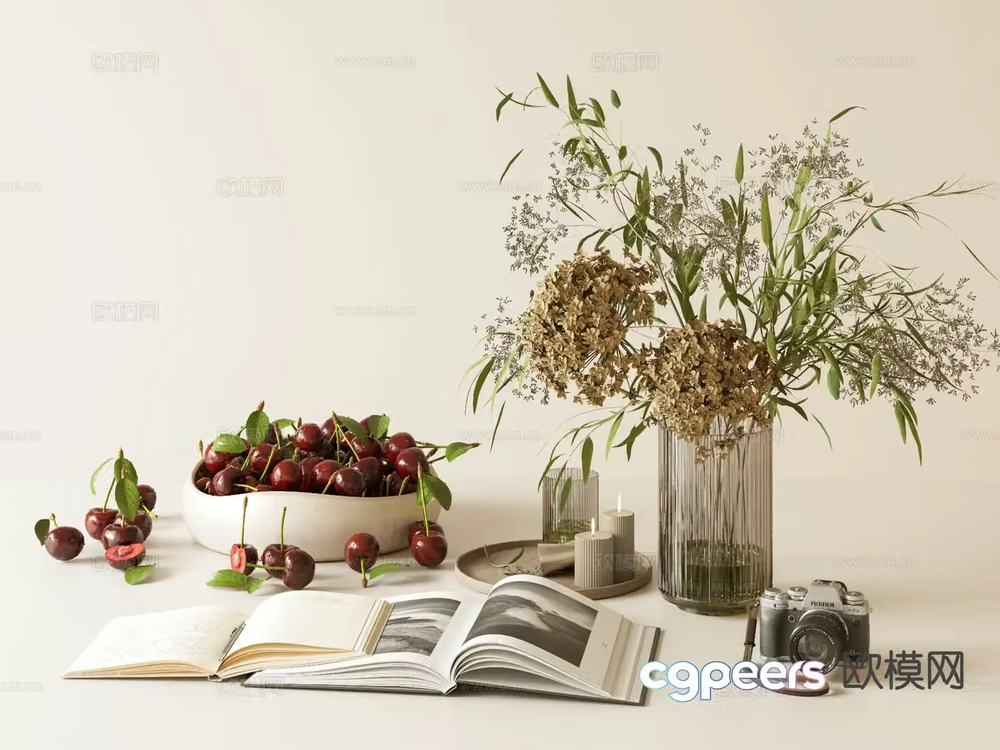 Modern jewelry table decorations candles vases books cherry fruit 3D model