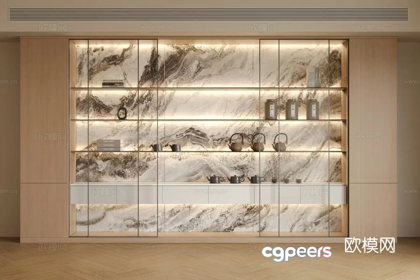 Light luxury Italian decorative cabinet Marble decorative cabinet Open decorative cabinet Bookcase Glass storage cabinet 3D model