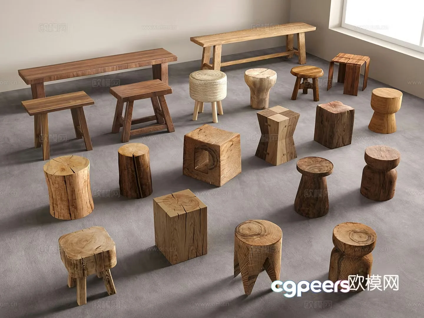 Modern wooden stool wooden pile low stool long stool stool 3d model