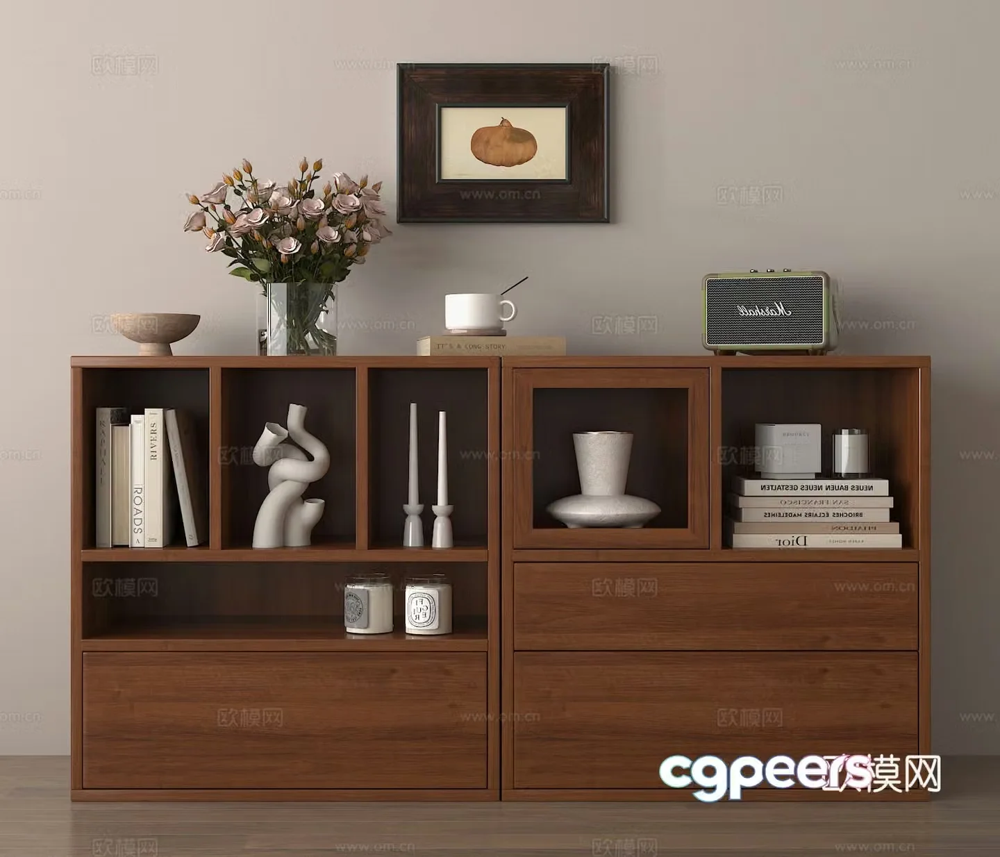 Bookcase Books Locker Vase Decorative Painting Books Bookshelf 3D Model