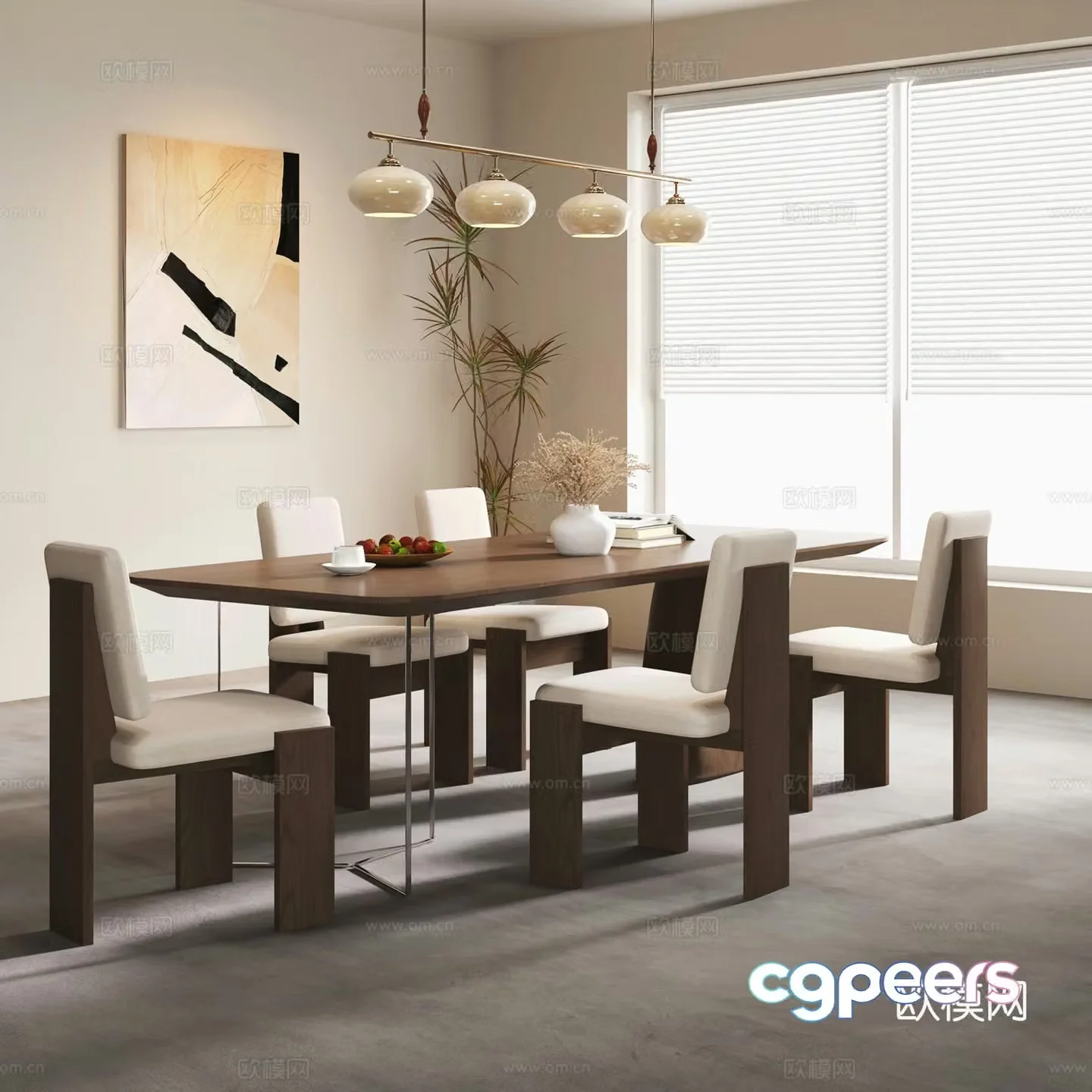 Middle style dining table and chair chandeliers decorative painting 3d model