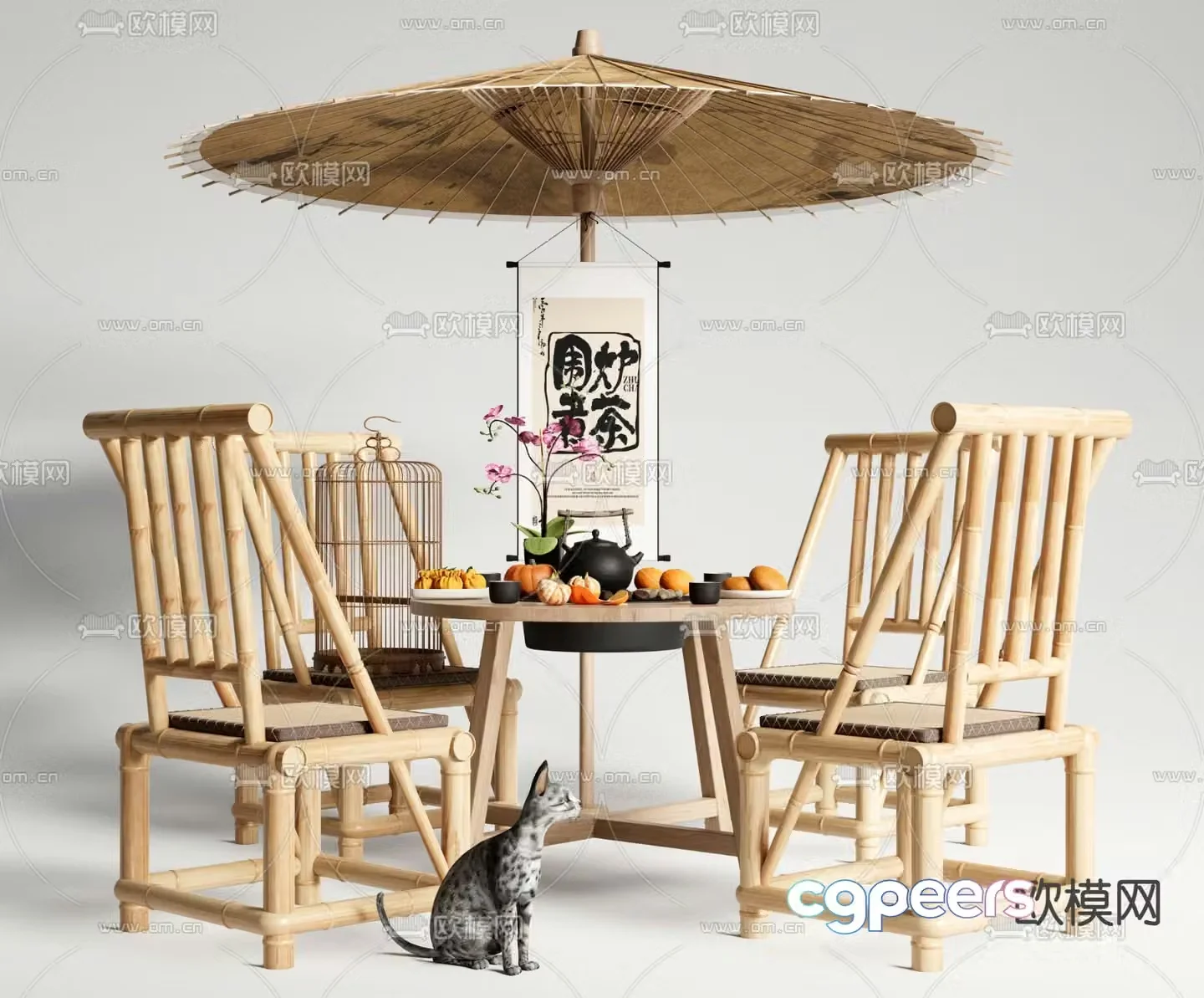 Outdoor tables and chairs bamboo tables and chairs making tea by the fire 3D model