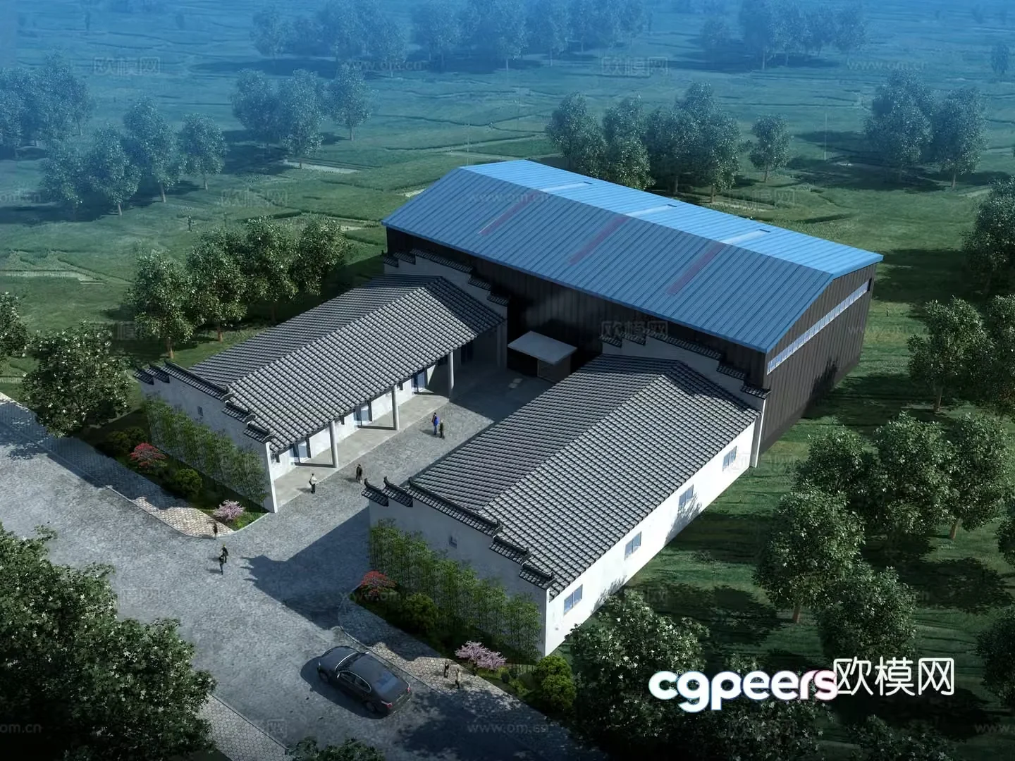 Aerial view 3D model of factory building